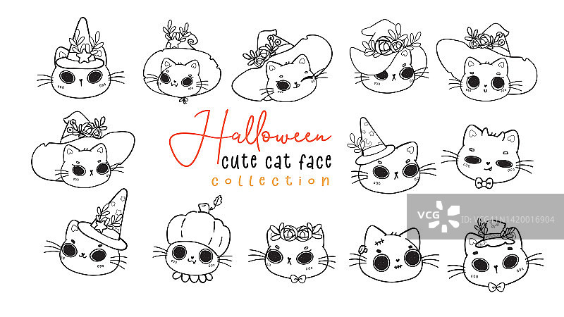 可愛小貓貓女巫萬圣節臉頭部輪廓著色郵票卡通繪圖圖片素材
