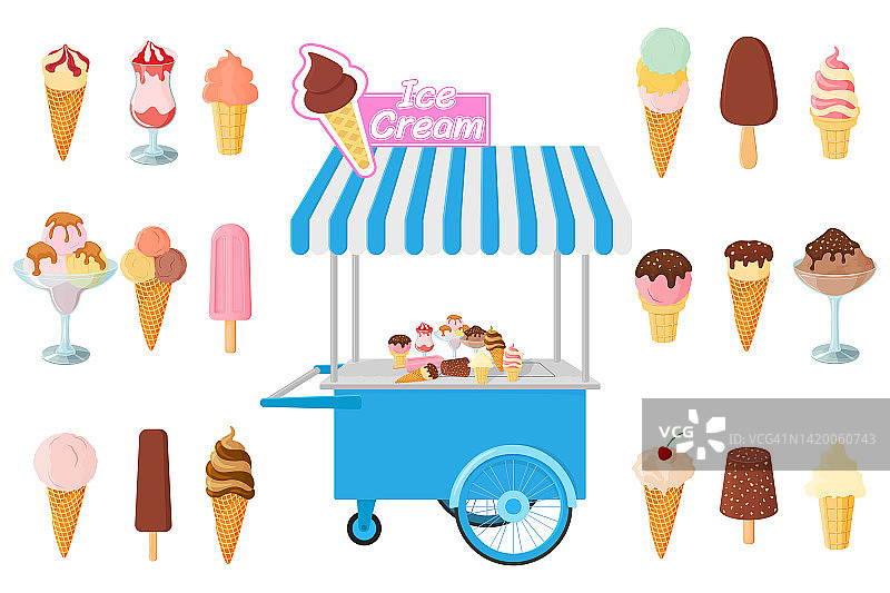 一套冰淇淋。不同種類的冰淇淋和一輛存放冰淇淋的小推車。矢量插圖。圖片素材