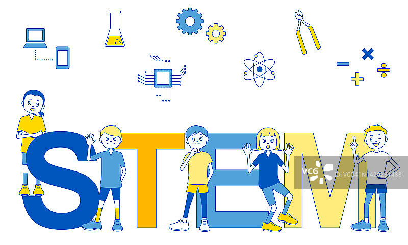 有趣的STEM學習概念插圖(白色背景，矢量，剪接)圖片素材