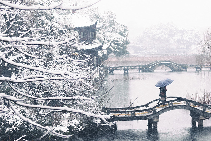 杭州西湖雪中的急行客圖片素材