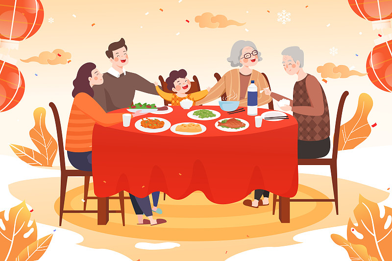 新年春節年夜飯團圓飯家庭聚餐活動扁平矢量插畫圖片