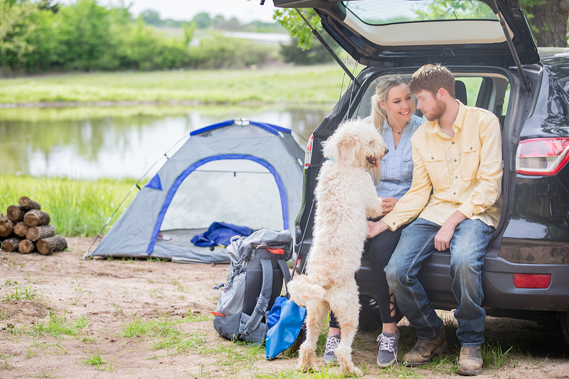 快樂的年輕夫婦和寵物狗坐在汽車附近的帳篷露營旅行圖片素材