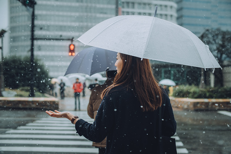 年輕女子撐著傘在城市街道上享受降雪圖片素材