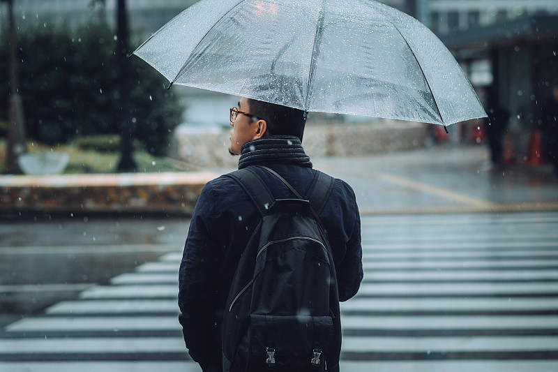 在冬天帶著傘在城市里行走的人的后視圖圖片素材