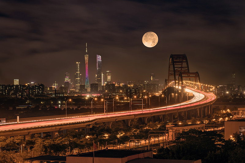 廣州 城市 夜景 星光橋 長曝光 月亮 光軌圖片素材