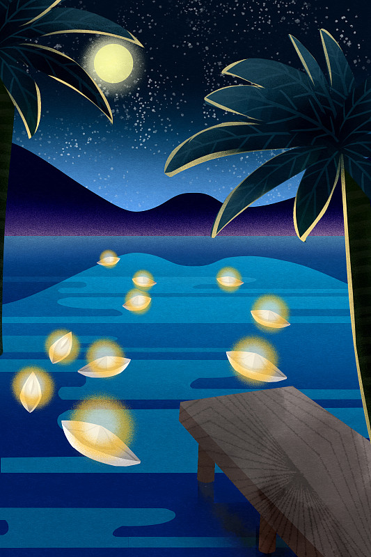 夜晚中元節放河燈插畫背景圖片