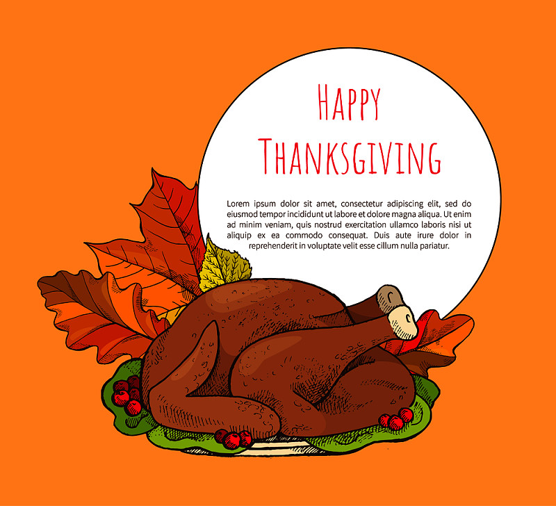 盤子里有火雞的感恩節快樂海報。節日禽肉菜，蔓越莓和生菜，秋干葉矢量插圖，恭喜。。盤子里的火雞感恩節快樂海報圖片素材