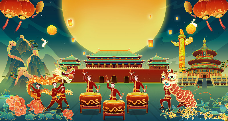 中秋國慶北京建筑前舞龍舞獅子歡慶國潮插畫圖片