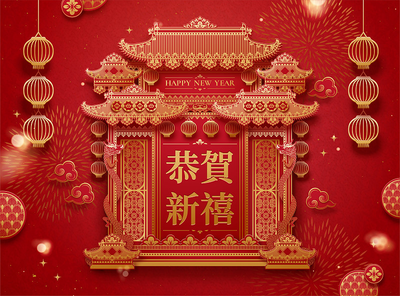 傳統中式牌樓建筑新年賀圖圖片素材