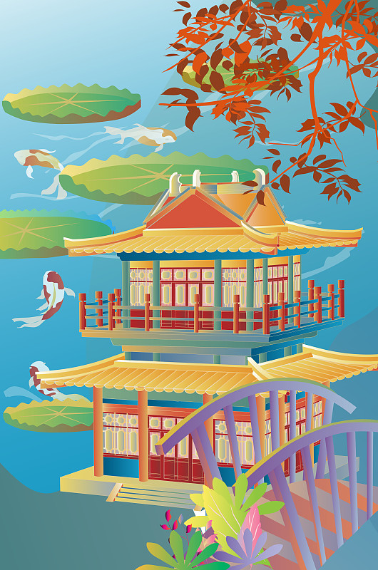 中國風古建筑荷塘錦鯉小橋樓閣矢量插畫豎版圖片
