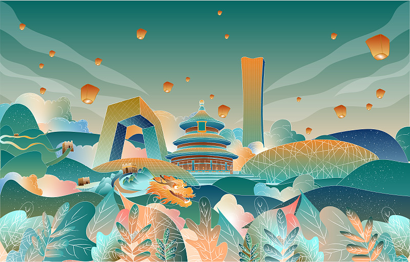北京地標建筑群噪點肌理扁平插畫圖片