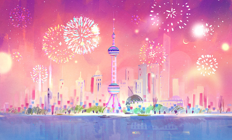 城市，上海，夜晚，煙火，慶祝，著名景點，夢幻，華麗圖片素材