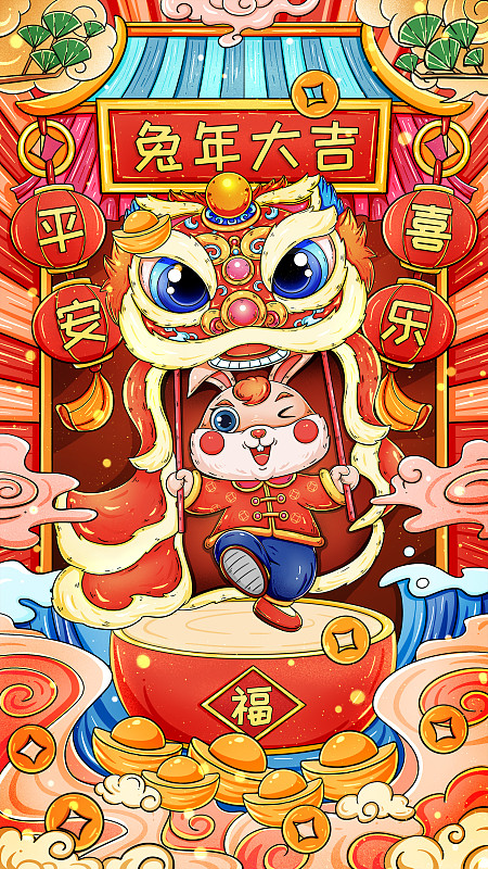 國潮喜慶春節新年兔年舞獅插畫圖片