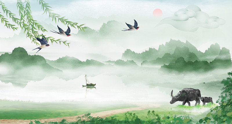 水墨中國風山水風景節氣插畫背景圖片