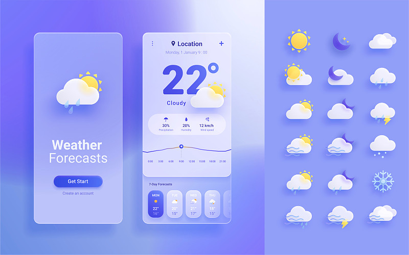 玻璃拟态UI界面设计 紫色天气预报app图片下载