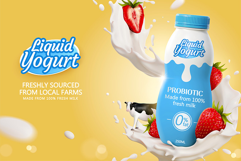 三維酸奶飲料廣告 噴濺液體特效與乳牛元素圖片素材
