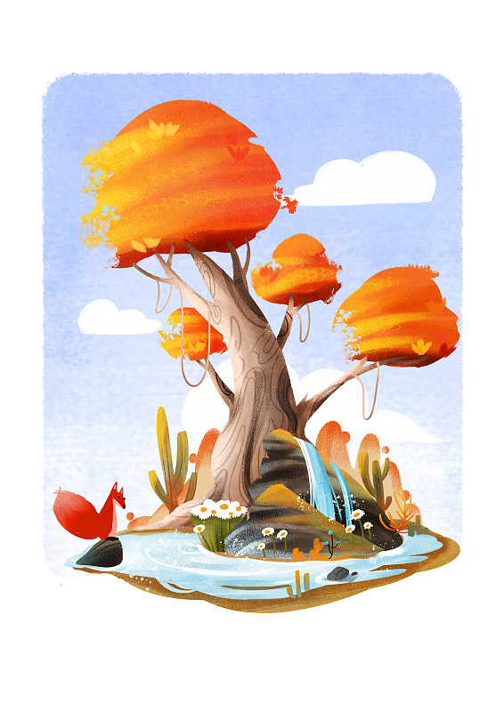 秋天自然場景插畫植物動物河流樹木圖片