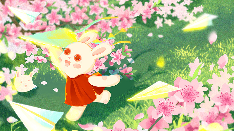 兔年三月桃花草地紙飛機小兔子系列插畫圖片