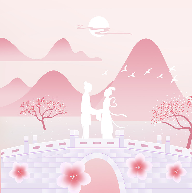 中國風新中式粉色七夕牛郎織女唯美優雅插畫，夜晚牛郎織女在鵲橋上相會，桃花桃花樹情人節女性產品包裝插畫圖片