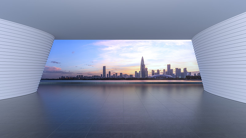 現代建筑空間平臺與城市天際線夜景圖片素材