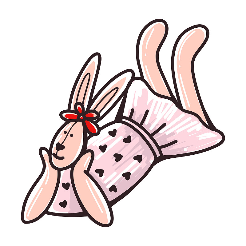 可愛的角色女孩兔子在紅色連衣裙素描插畫圖片