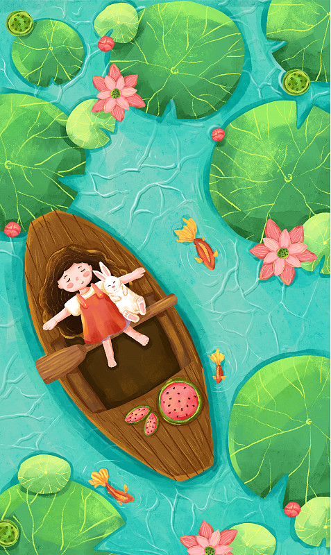 在湖上劃船的女孩插畫圖片