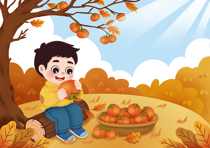 可愛的小男孩坐在公園里吃柿子，霜降，節氣，立秋圖片素材