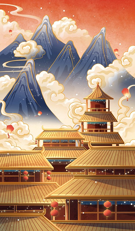 中国传统建筑节日插画下载