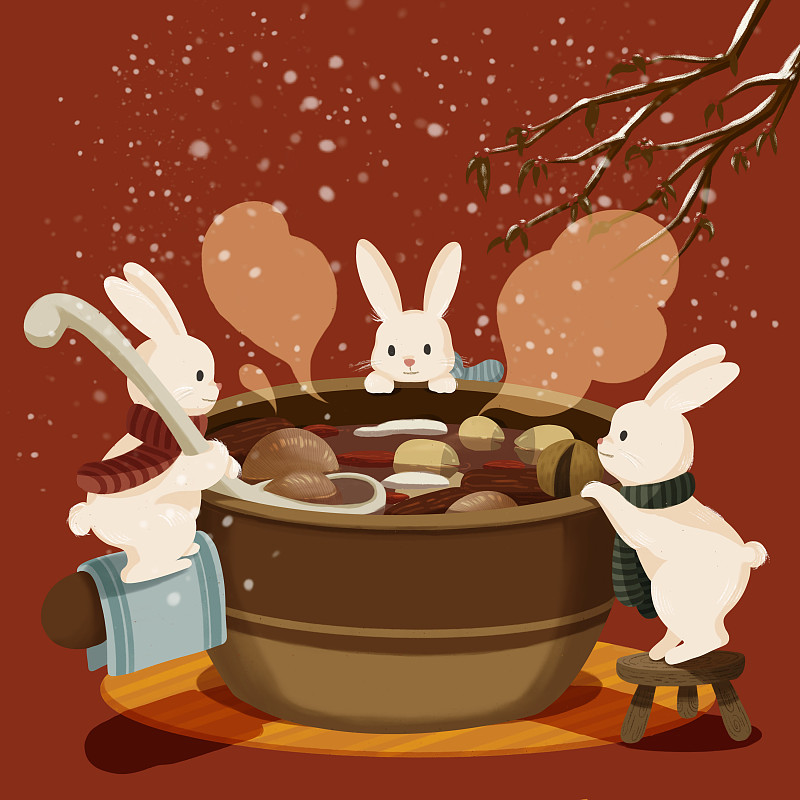 可愛兔子冬季紅棗蓮子湯扁平風插畫下載