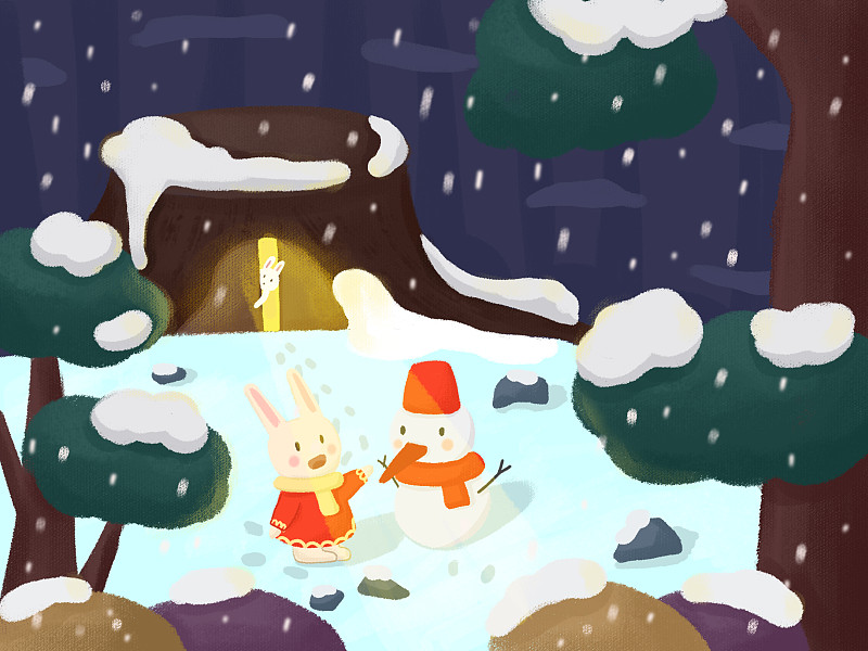 雪兔子雪人卡通溫馨插畫下載