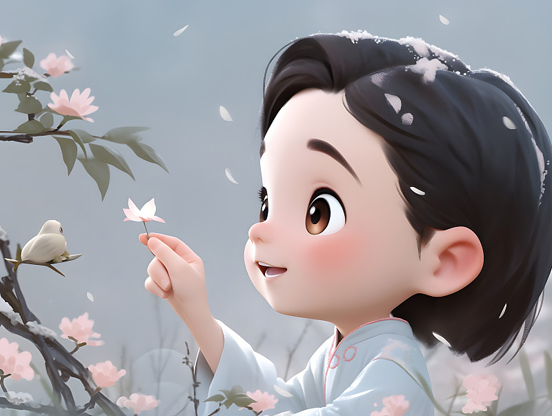 在戶外觀察花朵的女孩3D卡通人物圖片下載