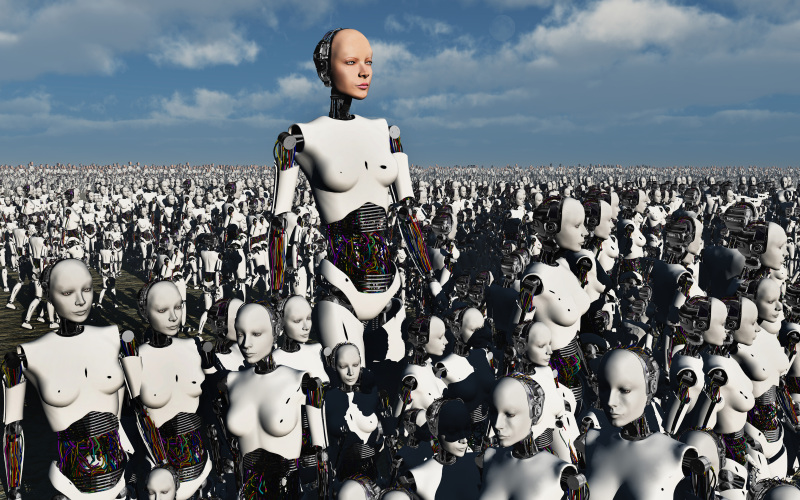 在一群白臉機器人中，一個孤獨的彩色人臉機器人。圖片素材