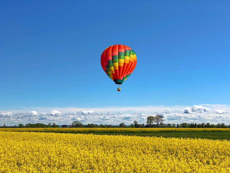 田野風景與彩色氣球對抗天空圖片素材