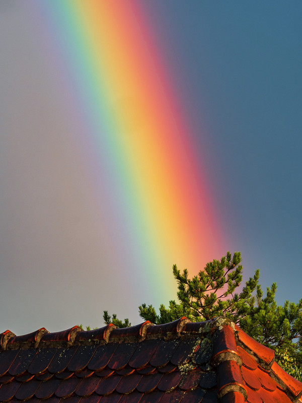 雨后瓦片屋頂上的雙彩虹令人驚嘆。斯特拉斯堡圖片素材