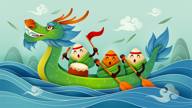 端午節有粽子卡通人物和龍舟上的水。圖片素材
