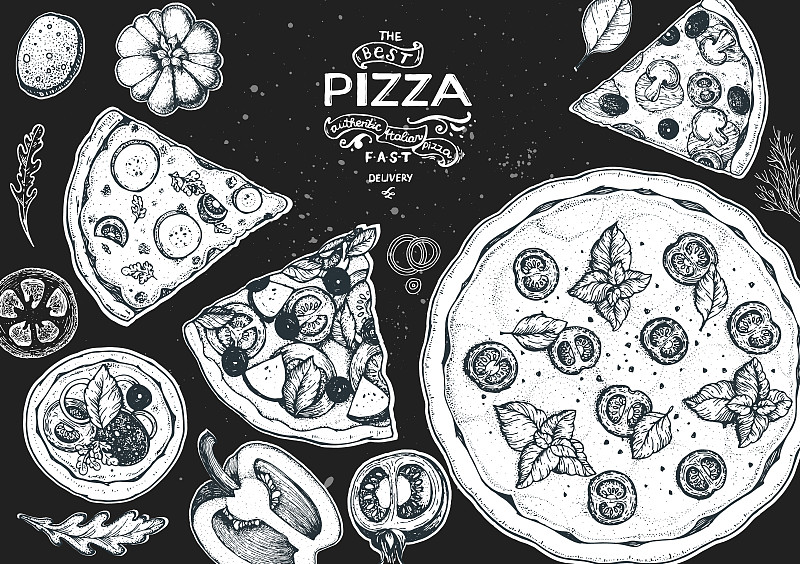 意大利披薩和配料頂視圖框架。意大利菜菜單設計模板。復古手繪草圖，矢量插圖。雕刻風格的插圖。菜單上的披薩標簽。插畫圖片
