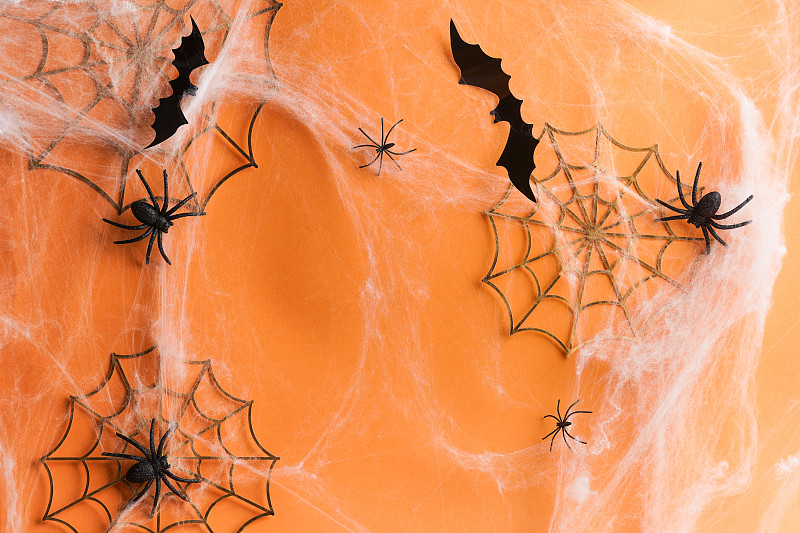 萬圣節背景由蜘蛛網，蜘蛛和黑色蝙蝠在橙色。萬圣節裝飾概念?？植篮涂植赖谋尘芭c復制空間為您的設計攝影圖片
