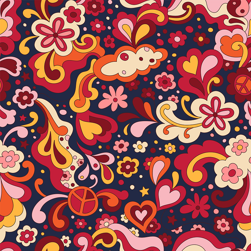 抽象的紡織品，文具，包裝紙表面圖案設計。彩色復古無縫圖案與手繪的groovy元素和花朵。復古的60年代嬉皮矢量背景插畫圖片