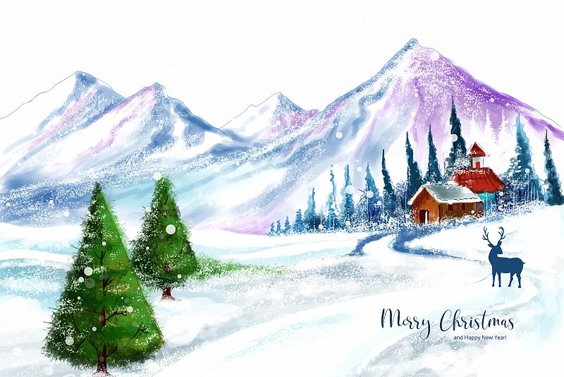 冬季背景的霜雪圣誕樹賀卡設計插畫圖片