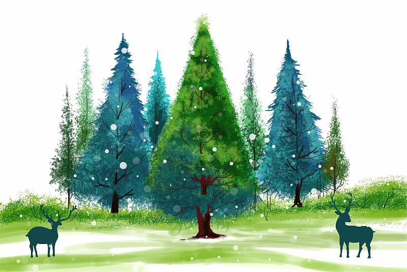 令人印象深刻的圣誕樹在冬季景觀與雪卡背景插畫圖片