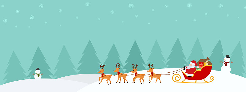 圣誕快樂，新年快樂橫幅矢量插畫，圣誕老人乘坐雪橇與禮物和馴鹿在雪景，校正冬季假期背景與空間復制的文字。插畫圖片