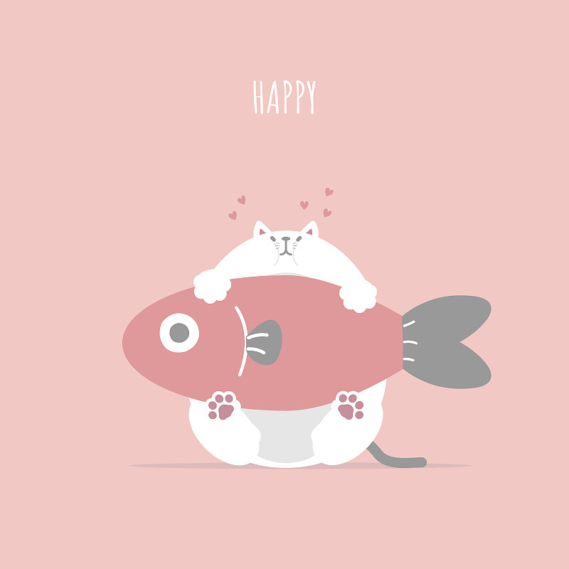 可愛可愛的白貓帶魚，情人節快樂，愛的概念插畫圖片