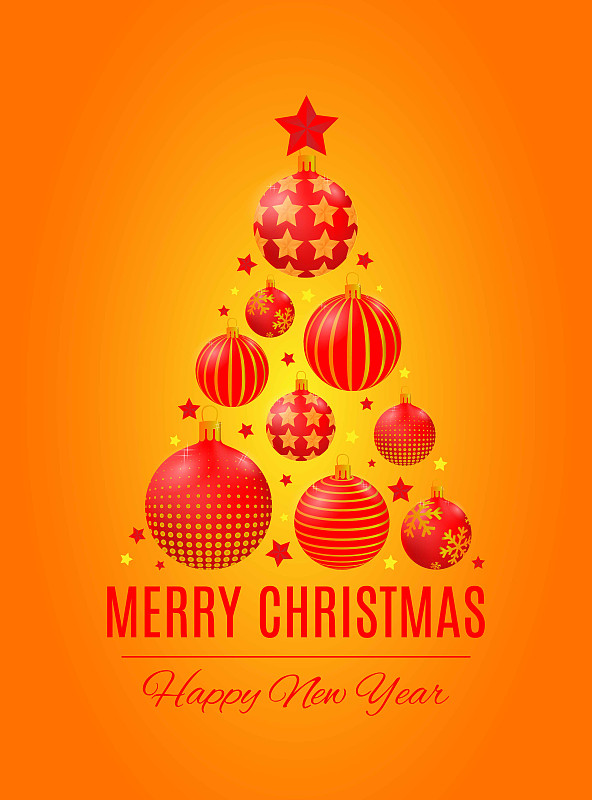 明信片上有紅色和金色的圣誕樹，上面有星星和圣誕球。插畫圖片