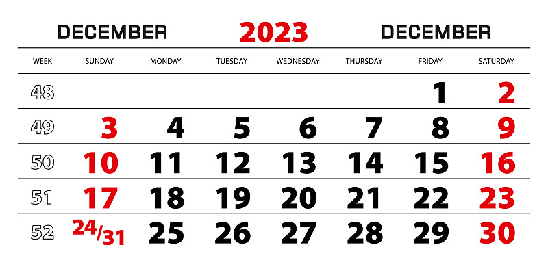 2023年歷為12月，周從星期天開始。插畫圖片