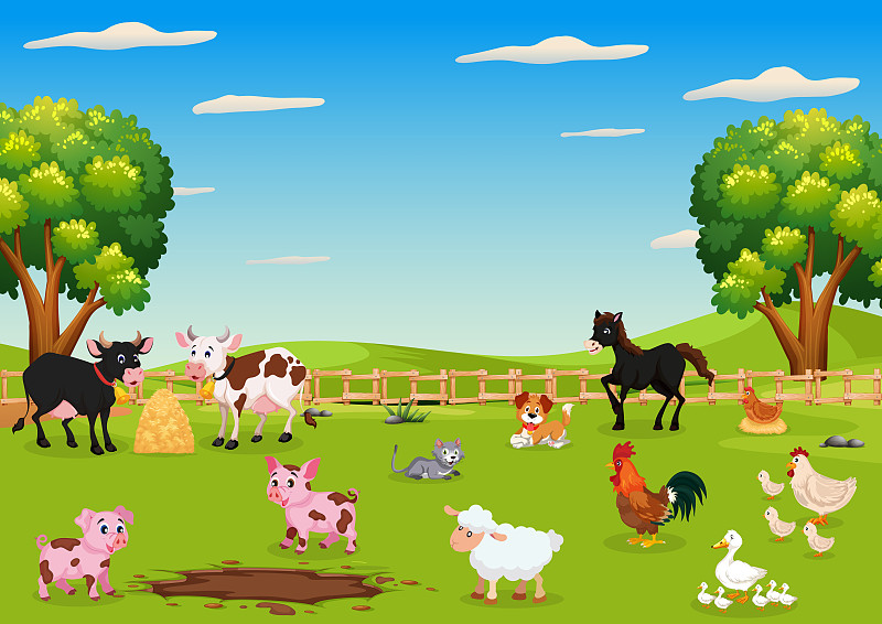 一群農場動物的卡通插圖。風景優美的農場動物，牛，豬，馬，雞，雞，鴨，羊，貓，狗插畫圖片