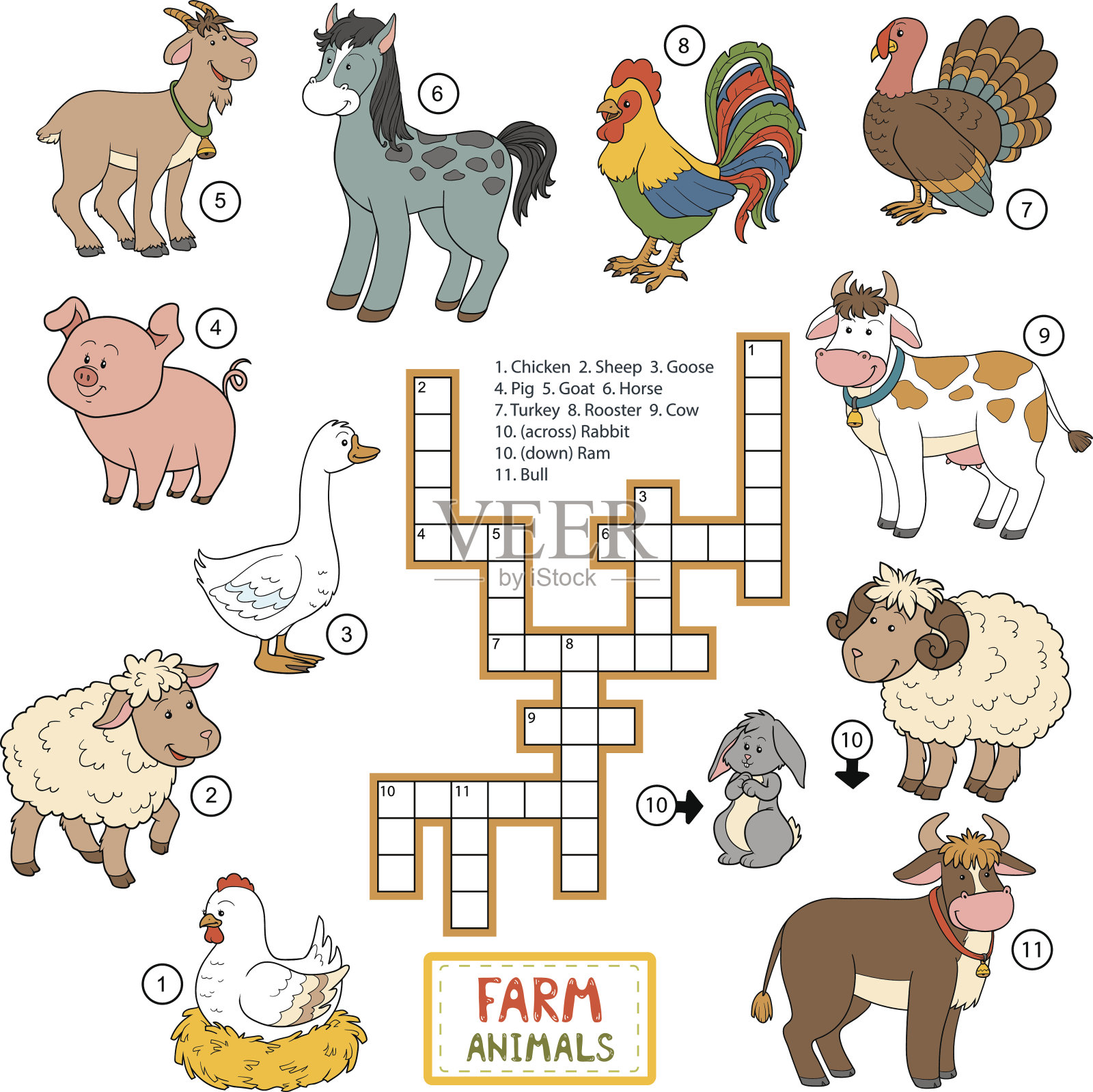 关于农场动物的矢量颜色填字游戏插画图片素材