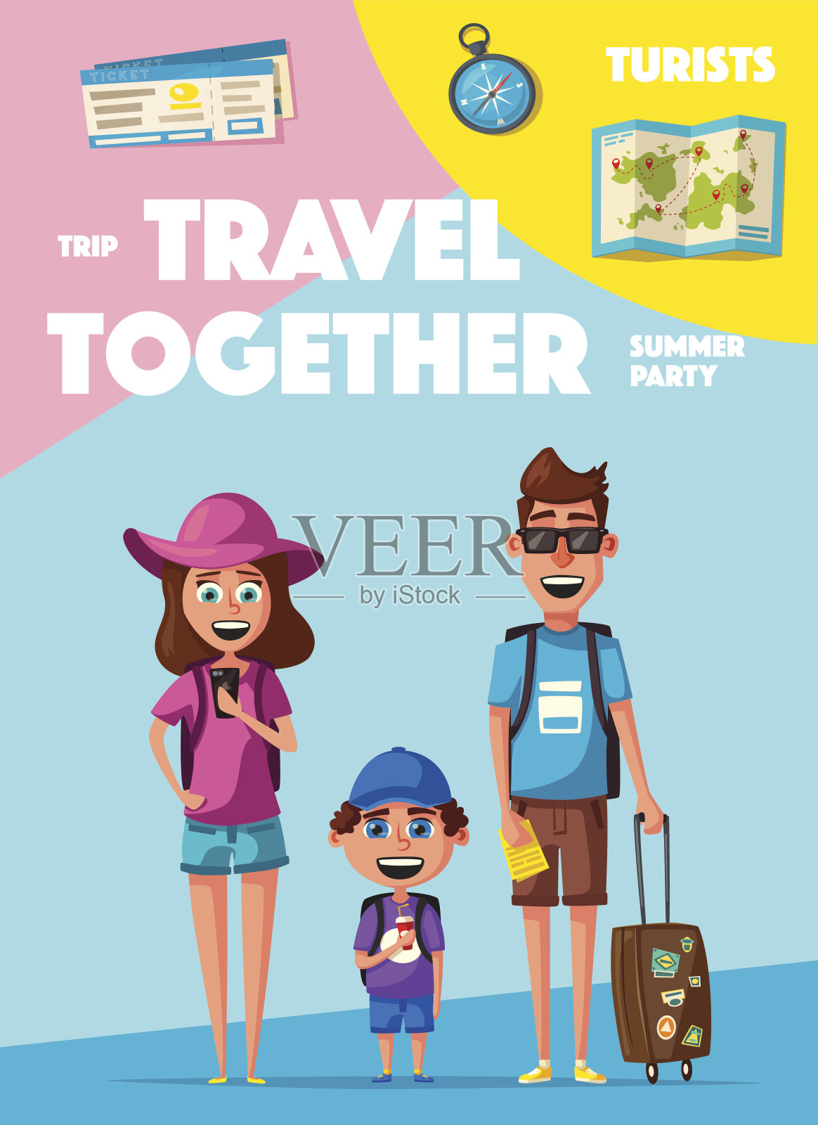 幸福家庭在旅行。父母与孩子的旅程。卡通矢量图插画图片素材