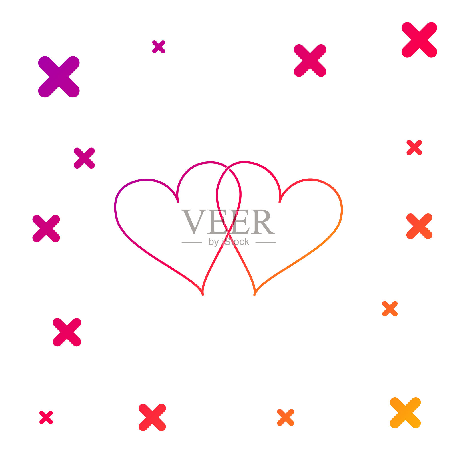 颜色两个连接的心图标上的白色背景。心二爱的标志。浪漫象征着联系、结合、激情和婚礼。情人节的象征。梯度随机动态形状。矢量图图标素材