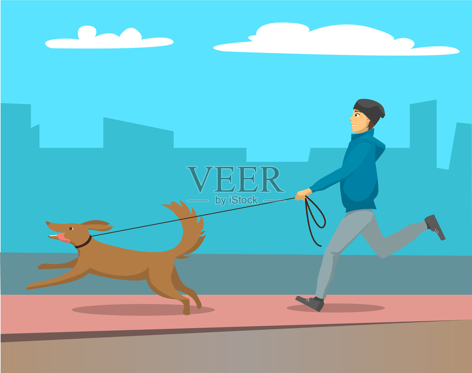 一个人牵着狗在城市室外奔跑插画图片素材
