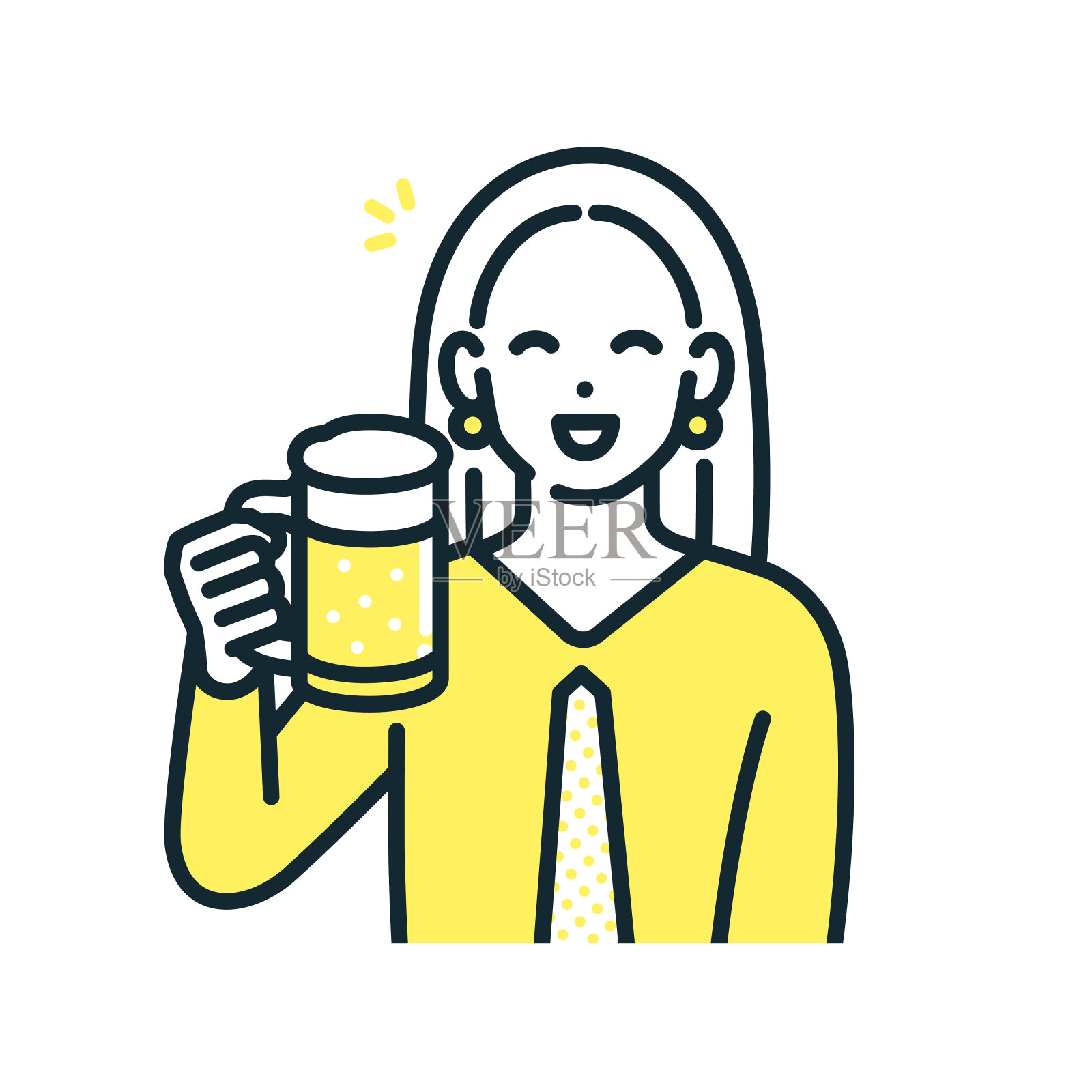 一个拿着啤酒杯的女人。商务女士微笑着敬酒。插画图片素材